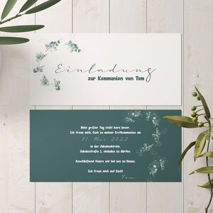 Invitation card for communion, confirmation, baptism, DIN long, eucalyptus, individual design, personalized