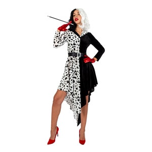 CRUELLA DALMATINISCHER DRUCK UMHANG UND PERÜCKE DAMEN ÜBERGRÖSSE