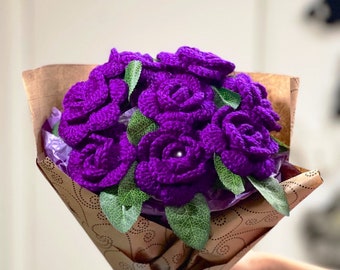Crochet violet  color roses bouquet with beautiful package , personalized gift for mom, friends, graduation celebration, Valentine's Day