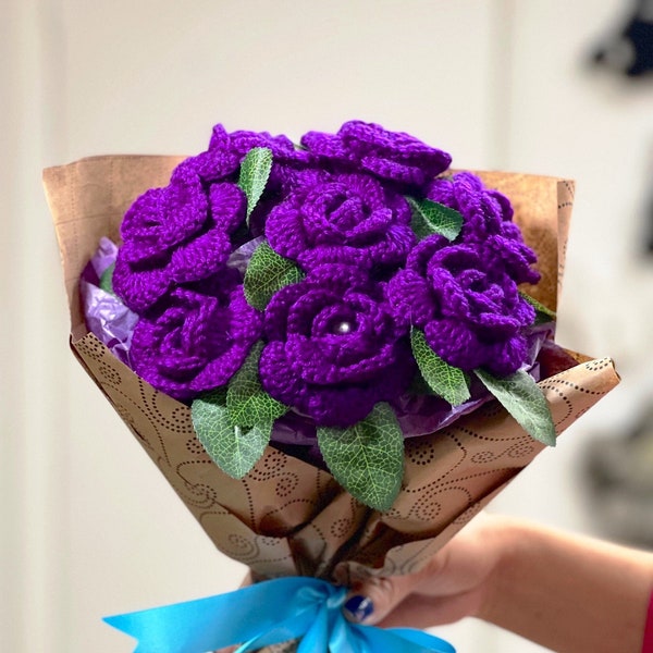 Crochet violet  color roses bouquet with beautiful package , personalized gift for mom, friends, graduation celebration, Valentine's Day