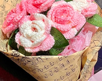 Handmade Crochet Roses Bouquet - Ombre Pink Colors with Musical Score Wrapping - Unique Valentine's Day & Mother's Day Gift Idea