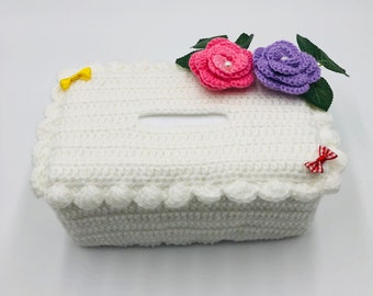Crochet roses tissue box cover, knitted kitchen plastic wrap box , home decor and gift for mothers, friend