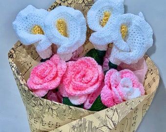 Handmade Crochet Calla Lily Roses Bouquet in Lovely Packaging - Perfect Personalized Gift for Mom & Friends