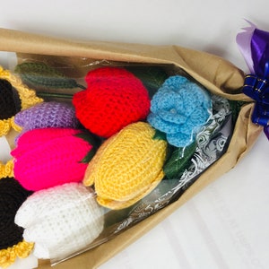 Crochet knitted yarn Tulip sunflowers bouquet for Christmas, New Year’s gift