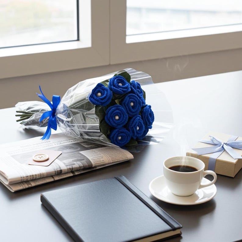Ramo de rosas azules de ganchillo hecho a mano: flores tejidas eternas para graduaciones, cumpleaños o el Día de la Madre. imagen 11