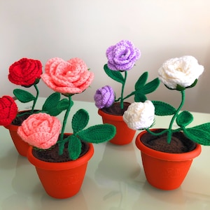 Cute crochet knitted yarn roses flowers pot . Flowers centerpiece for Mother's Day ,Table potted windows,Home decor,  Valentine's Day gifts