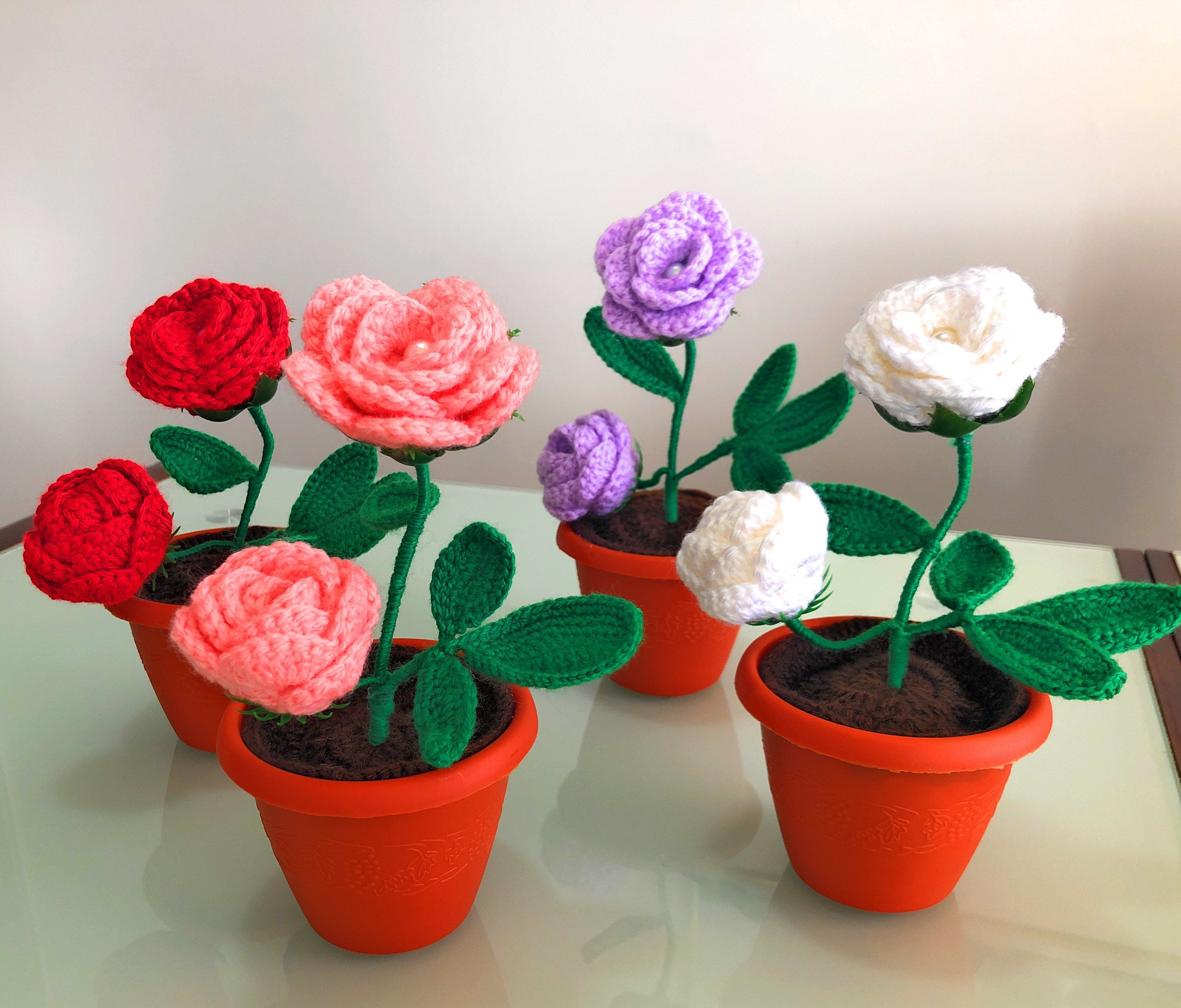 Cute Crochet Knitted Yarn Roses Flowers Pot . Flowers Centerpiece