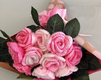 Crochet pink color roses bouquet with beautiful package , personalized gift for mom, friends,  Valentine's Day, Mother's Day present