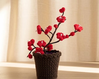 Crocheted Yarn Red Cherry Blossoms and Flowerpot