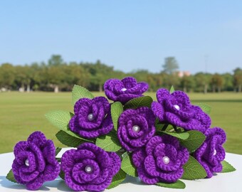 Crochet Violet Roses Bouquet, Yarn Pearl Flowers, Valentine's Day