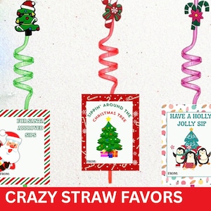 May include: Christmas-themed crazy straw favors with decorative toppers and attached gift tags. The straws are green, red, and pink, with designs including a Christmas tree, Santa Claus, and penguins. The tags read "For Santa Approved Sips", "Sippin' Around the Christmas Tree", and "Have a Holly Jolly Sip".
