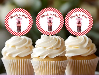 Adornos para cupcakes de baby shower listos para usar – Decoraciones retro para fiestas con botellas de refresco – Recuerdos de baby shower de cuadros rojos
