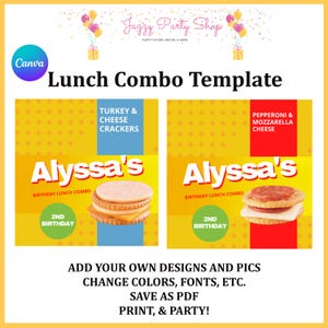 Plantilla de Canva para obsequios de fiesta, plantilla de combo de almuerzo, obsequios de refrigerio para el almuerzo, plantilla de Canva, diseño incluido