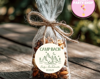 Camp Bach Bachelorette Stickers – Personalized Round Labels for Party Favors – 2” or 3” Camping Theme Bach Party Stickers
