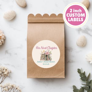 Her Next Chapter Bridal Shower Favor Labels–2" Custom Round Stickers–Book Theme Bridal Shower Decorations-New Chapter Begins Bridal Shower