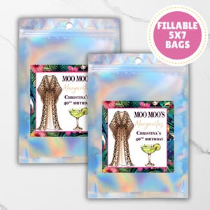 Moo Moo’s and Margaritas Party Favor Bags-5x7 Fillable Holographic Bags-Leopard Print Fiesta Birthday Favors-Tropical Girls Trip Party Bags