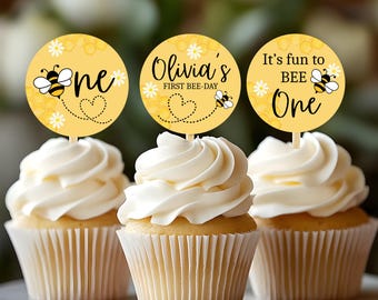 Bee First Birthday Cupcake Toppers – Personalized 1st Bee-Day Party Decorations – It's Fun to Bee One – Yellow Honeycomb Theme
