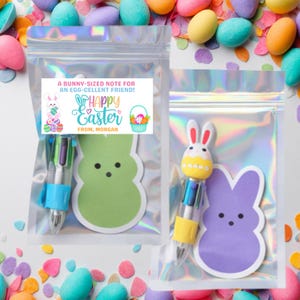 Könnte beinhalten: Zwei transparente Zellophantüten mit Ostergeschenken. Eine Tüte enthält einen mehrfarbigen Stift und eine grüne Hasenkarte. Die andere Tüte hat einen Stift mit Hasenaufsatz und eine lila Hasenkarte. Jede Tüte hat einen Aufkleber mit "Frohe Ostern".