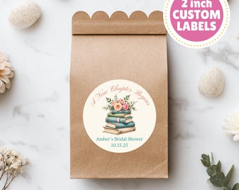 New Chapter Bridal Shower Favor Labels–2" Custom Round Stickers–Book Theme Bridal Shower Decorations-Her Next Chapter Begins Bridal Shower