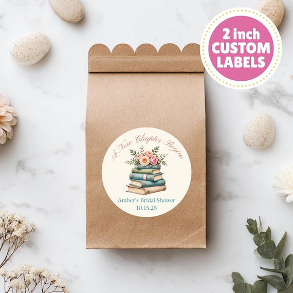 New Chapter Bridal Shower Favor Labels–2" Custom Round Stickers–Book Theme Bridal Shower Decorations-Her Next Chapter Begins Bridal Shower