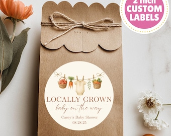 Locally Grown Baby Shower Favor Labels – 2" Custom Round Stickers – Farm Fresh Rustic Baby Shower Decorations