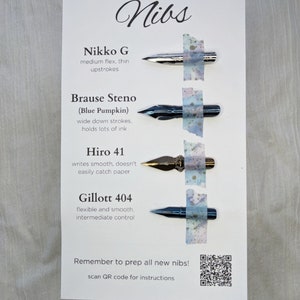 K&ouml;nnte beinhalten: Eine wei&szlig;e Karte mit dem Wort "Nibs" in schwarzer Kursivschrift. Die Karte listet verschiedene Arten von Schreibfedern mit Beschreibungen ihrer Eigenschaften auf. Die Schreibfedern werden auf der Karte mit einem St&uuml;ck Washi-Tape hinter jeder Feder angezeigt. Die Karte enth&auml;lt auch einen QR-Code f&uuml;r Anweisungen.