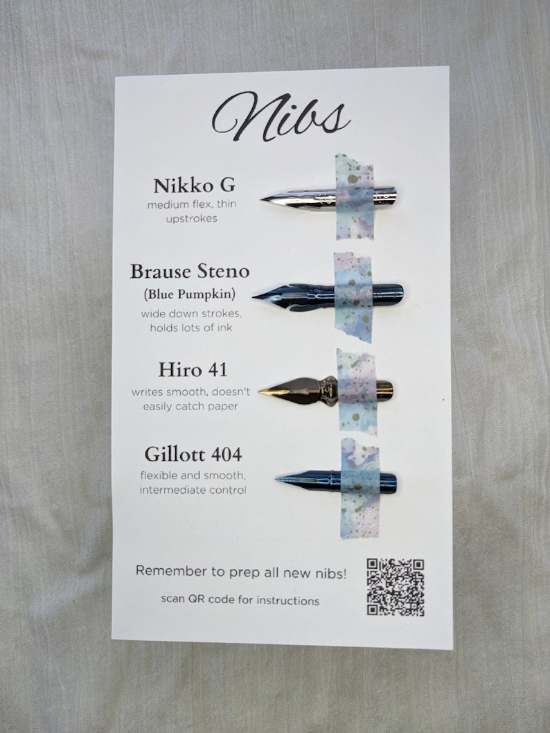 K&ouml;nnte beinhalten: Eine wei&szlig;e Karte mit dem Wort "Nibs" in schwarzer Kursivschrift. Die Karte listet verschiedene Arten von Schreibfedern mit Beschreibungen ihrer Eigenschaften auf. Die Schreibfedern werden auf der Karte mit einem St&uuml;ck Washi-Tape hinter jeder Feder angezeigt. Die Karte enth&auml;lt auch einen QR-Code f&uuml;r Anweisungen.