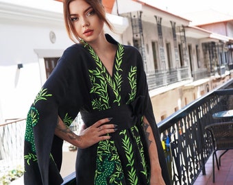 Chic Black Kimono Dress, Long Sleeve Wrap Dress, Elegant Bohemian Fashion, Casual Wrap Style, Evening Dress, Summer Outfit, Woman's Fashion