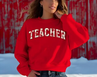 Christmas Teacher Sweatshirt, Festive Plaid, Holiday Spirit