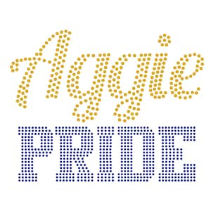 Puede incluir: Diseño de plancha de strass dorado y azul que dice "Aggie Pride".