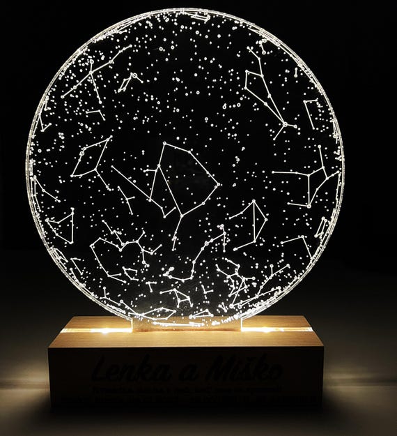 A custom star map of any date and location turned into a glowing LED lamp — functional art that literally lights up a meaningful moment in someone's life.