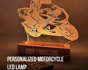 Custom Motorcycle LED Lamp: Engraved Wooden Base, Biker Gift