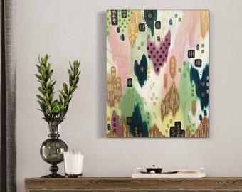 Green Nature Premium Luster Print Colourful Plant Abstract Large Poster Brushstroke Home Decor Wall Art Bright Bold Gold Painting