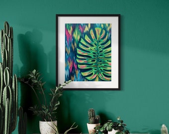 Monstera Leaf Happy Abstract Colouful Photo Poster Bold Painting Brushstroke Tropical Jungle Blue Pink Green Contemporary Modern Art Print