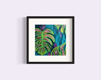 Monstera Leaf Happy Abstract Colouful Photo Poster Bold Painting Brushstroke Tropical Jungle Blue Pink Green Contemporary Modern Art Print