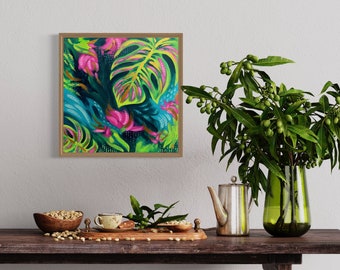 Monstera Leaf Happy Abstract Colouful Photo Poster Bold Painting Brushstroke Tropical Jungle Blue Pink Green Contemporary Modern Art Print