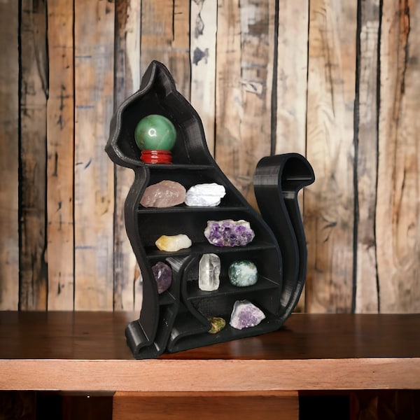 Cat crystal display - unique - mineral storage - unit display - free standing - spooky - black cat - elegant - stones - collectables