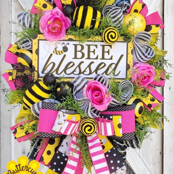 XLarge Bee Blessed Wreath, Bumble Bee, Be Blessed Sign, Floral Wreath, Summer Wreath, Front Door Wreath, Everyday Wreath, Spring Wreath