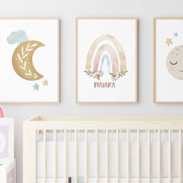 Set 3 láminas infantiles personalizables para decoración  Luna, arcoíris y planeta Estilo bohemio, Minimalista.  Niña o Niño, Bebé. Beige