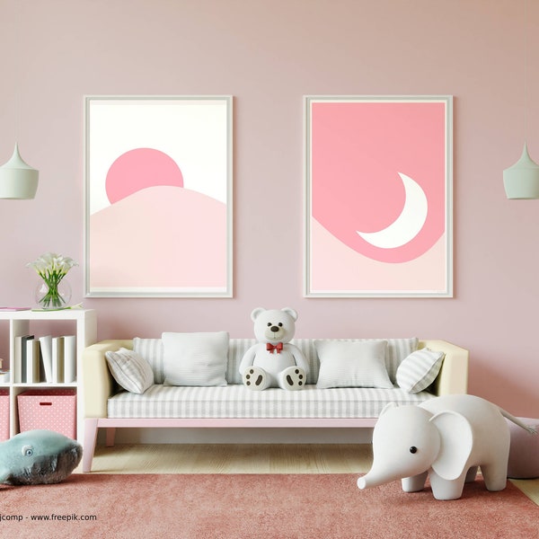 Set de láminas Sol y luna rosa. Decoración de pared. Estilo moderno minimalista abstracto.