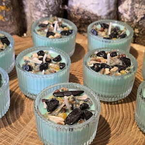 Può includere: Una collezione di candele color verde acqua in contenitori di vetro trasparente e scanalato. Ogni candela è decorata con una varietà di elementi decorativi, tra cui pietre nere, semi e botanici secchi. Le candele sono disposte su una superficie di legno.