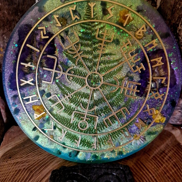 Vegvisir XL FarnMoosachatFlower/Wegweiser/Runen/Ritual/Hexe/Wikinger