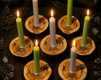 Yew candle holder with tree of life and runes