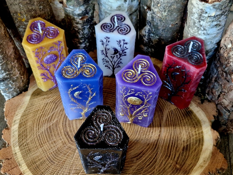 Triangular Candles Altar Candle With Moon Phases/triskele Different Colors - Etsy