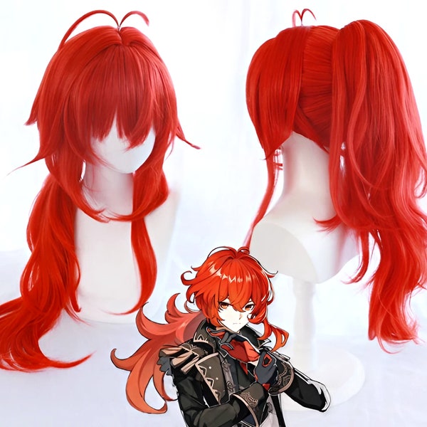 Genshin Impact Diluc cosplay wigs, Red long curly wigs for cosplayers, High and low ponytail wigs, Diluc cosplay accessory, High quality wig