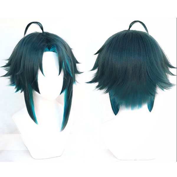 Game Genshin Impact Xiao Cosplay wig, Green Blue Short Wig, Double color hair wig, wavy curly wig, Genshin impact costume wig