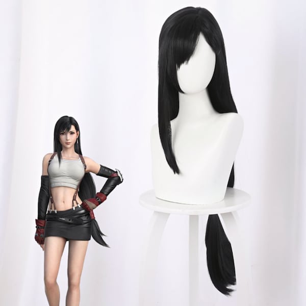 Perruque cosplay Tifa Lockhart, Final Fantasy VII Remake, cosplay FF7 Tifa Lockhart, perruque noire longue droite avec frange