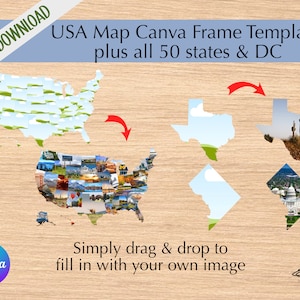 USA Map Canva Frame Template Bundle, 50 amerikanische Bundesstaaten + DC Fotokarte; Bearbeitbare Leinwandrahmen von Amerika; Ziehen Sie die USA-Karte im Reisefoto