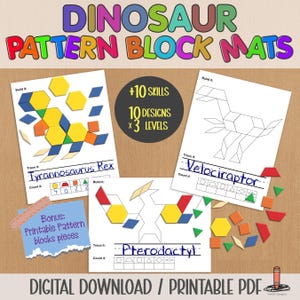 Op de afbeelding: Digitale download van dinosaurus patroonblokmatten met drie printbare werkbladen met geometrische vormen, dinosaurusomtrekken en schrijflijnen voor Tyrannosaurus Rex, Velociraptor en Pterodactyl, inclusief een bonuspagina met printbare patroonblokstukken.