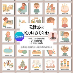 Può includere: Una collezione di carte illustrate con varie attività quotidiane. Le carte presentano immagini di un dentista, calzini, crocs, cuffie, un iPad e altro. Il testo sulle carte include "Carte di routine modificabili" e dettagli sul numero di carte.